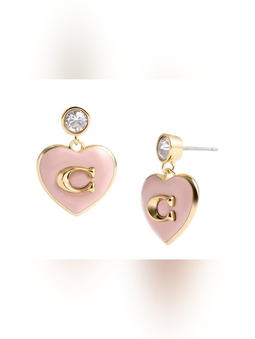 Coach Gold-Tone Pink Heart Drop Earrings with Crystal Stud